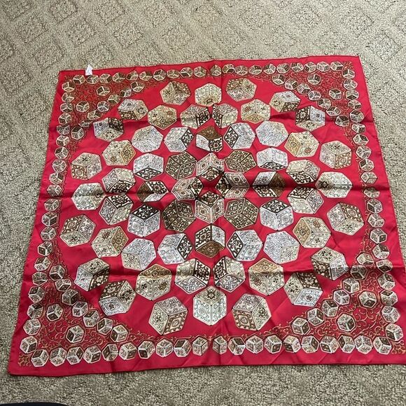 Vintage Italian Square Scarf | Red Geometric Print | Made in Italy | 27"x27" | 1 - Picture 1 of 3